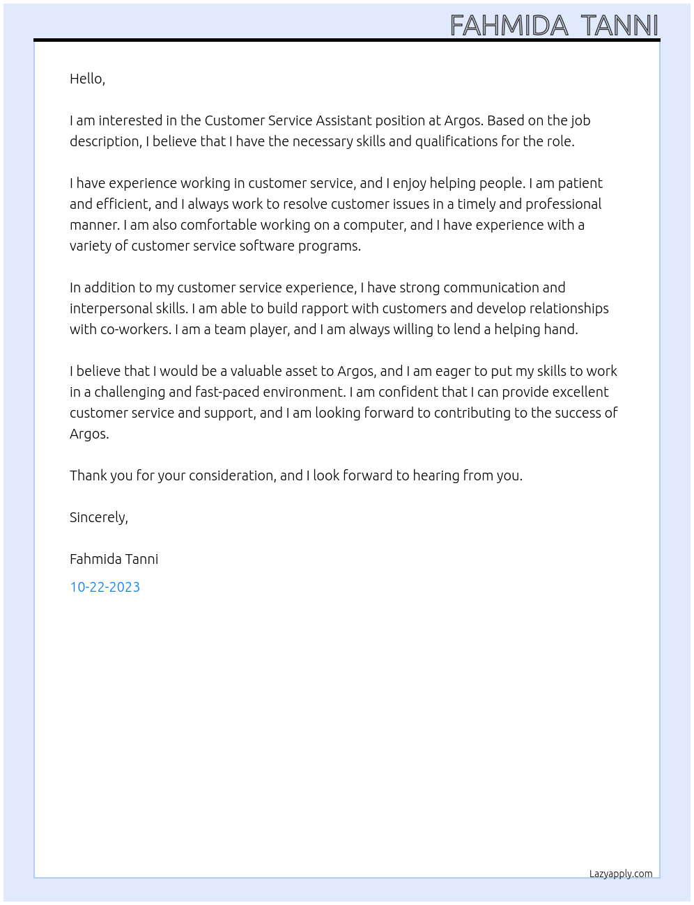 Customer service assistant At Argos Cover Letter