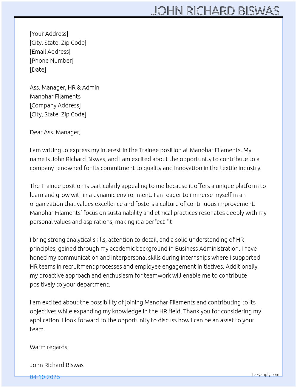 Trainee  At Manohar Filaments  Cover Letter