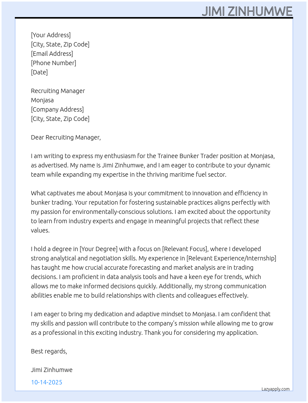 Cover letter for trainee bunker trader - LazyApply