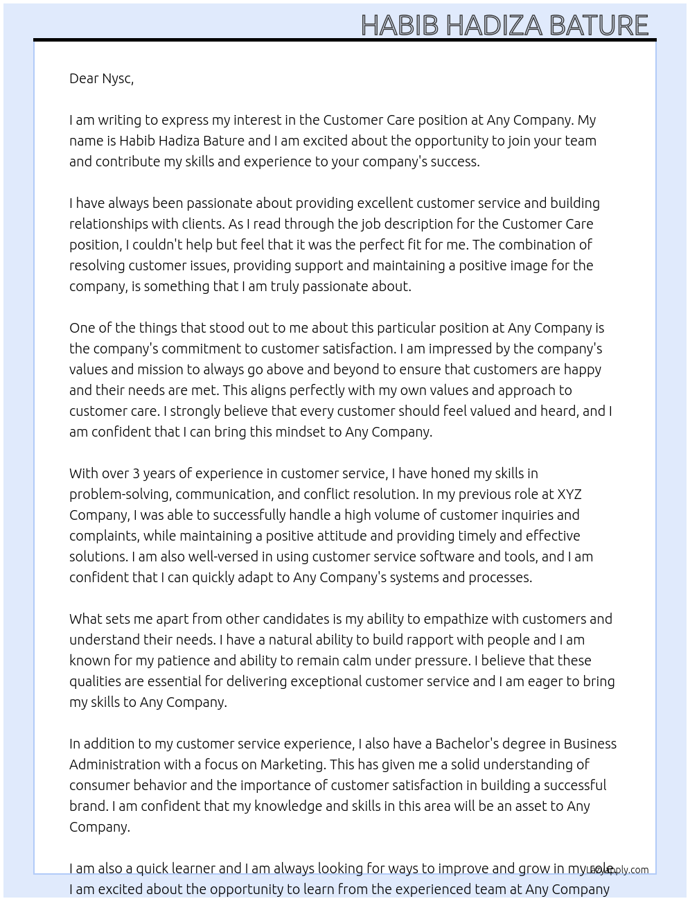 Customer care  At Any company  Cover Letter