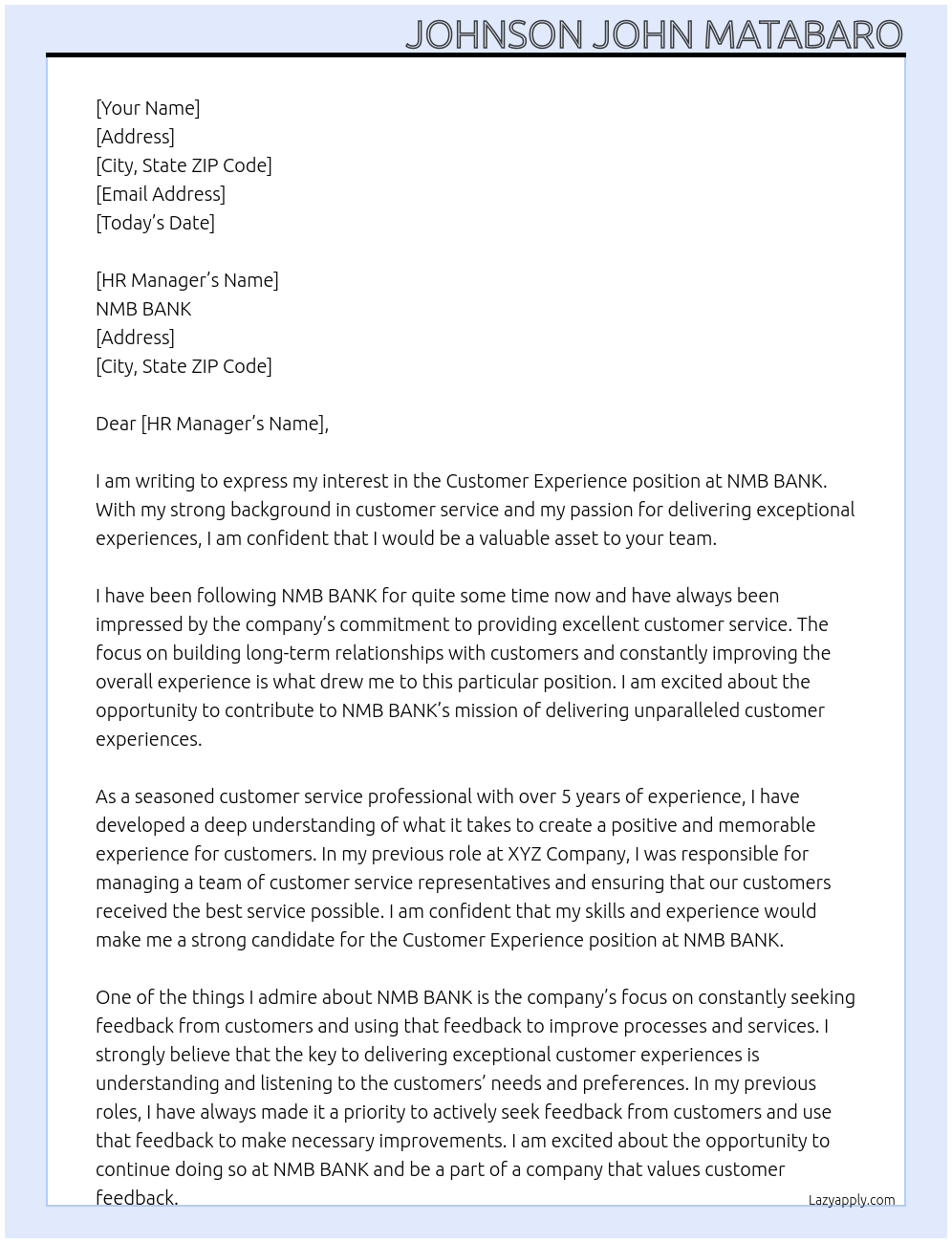 Customer experience At NMB BANK Cover Letter