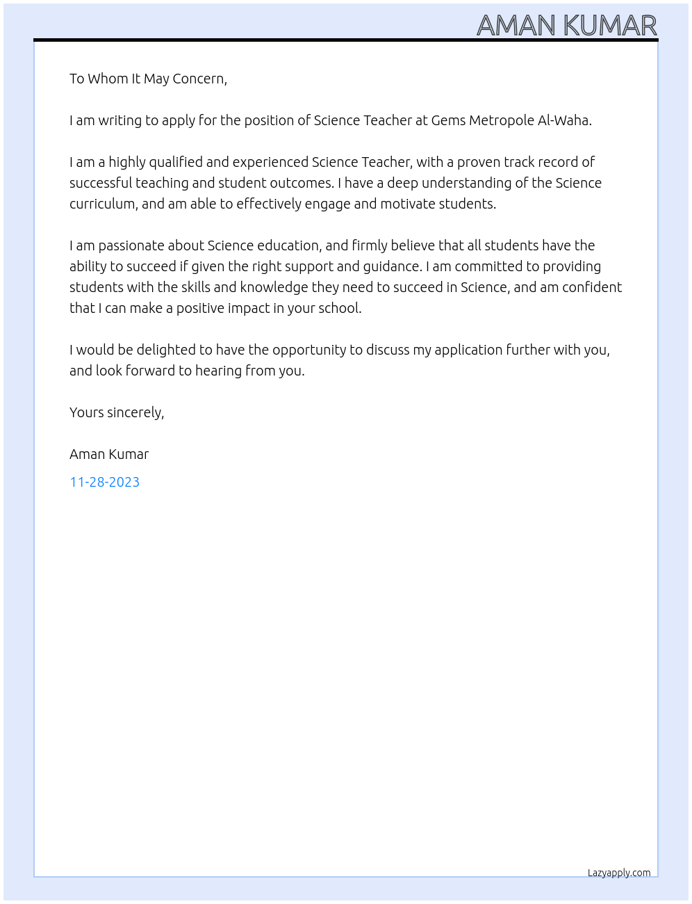 Science Teacher At Gems Metropole Al-Waha Cover Letter