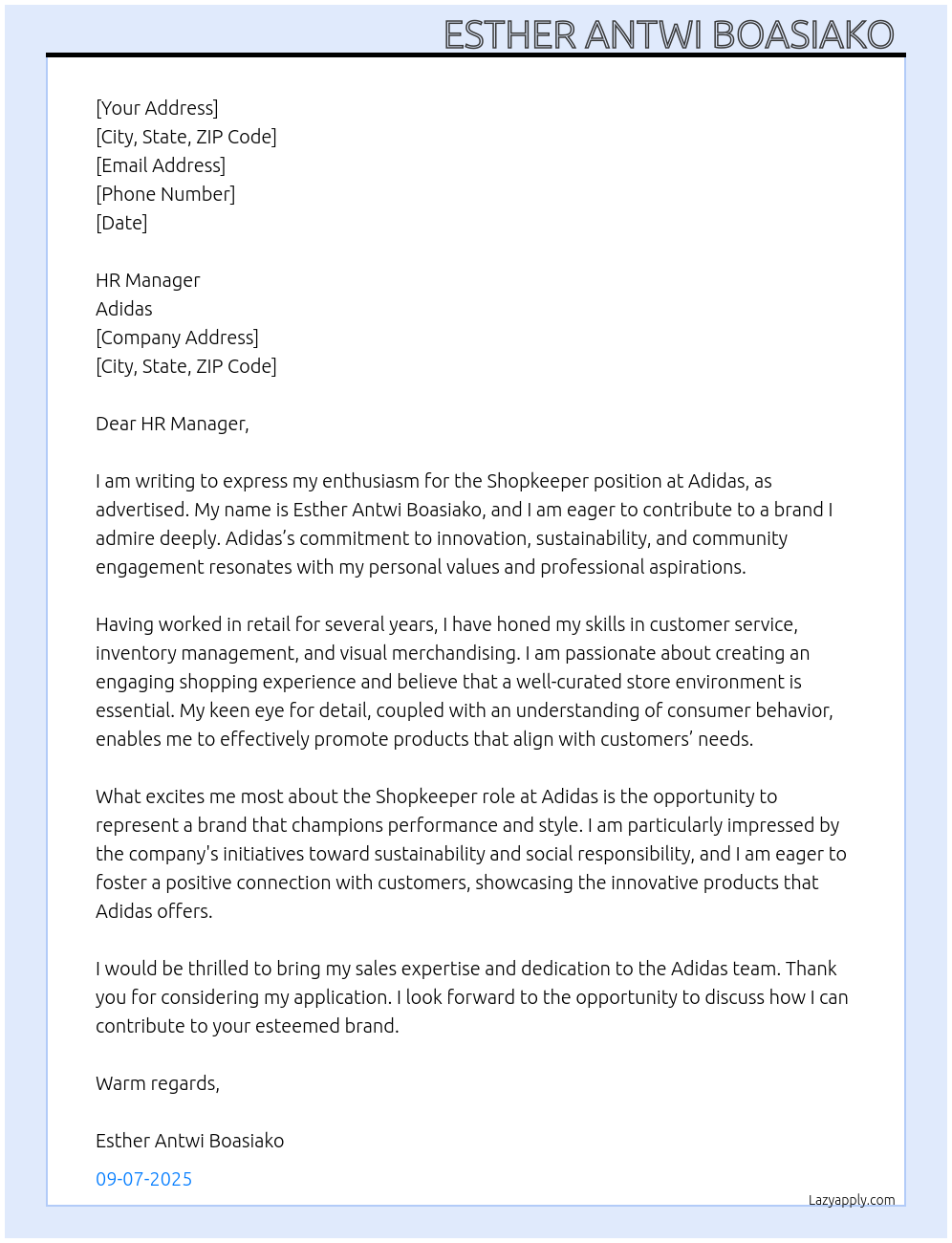 Shopkeeper At Adidas Cover Letter