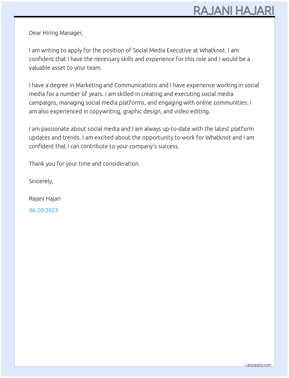 social media executive At whatknot Cover Letter