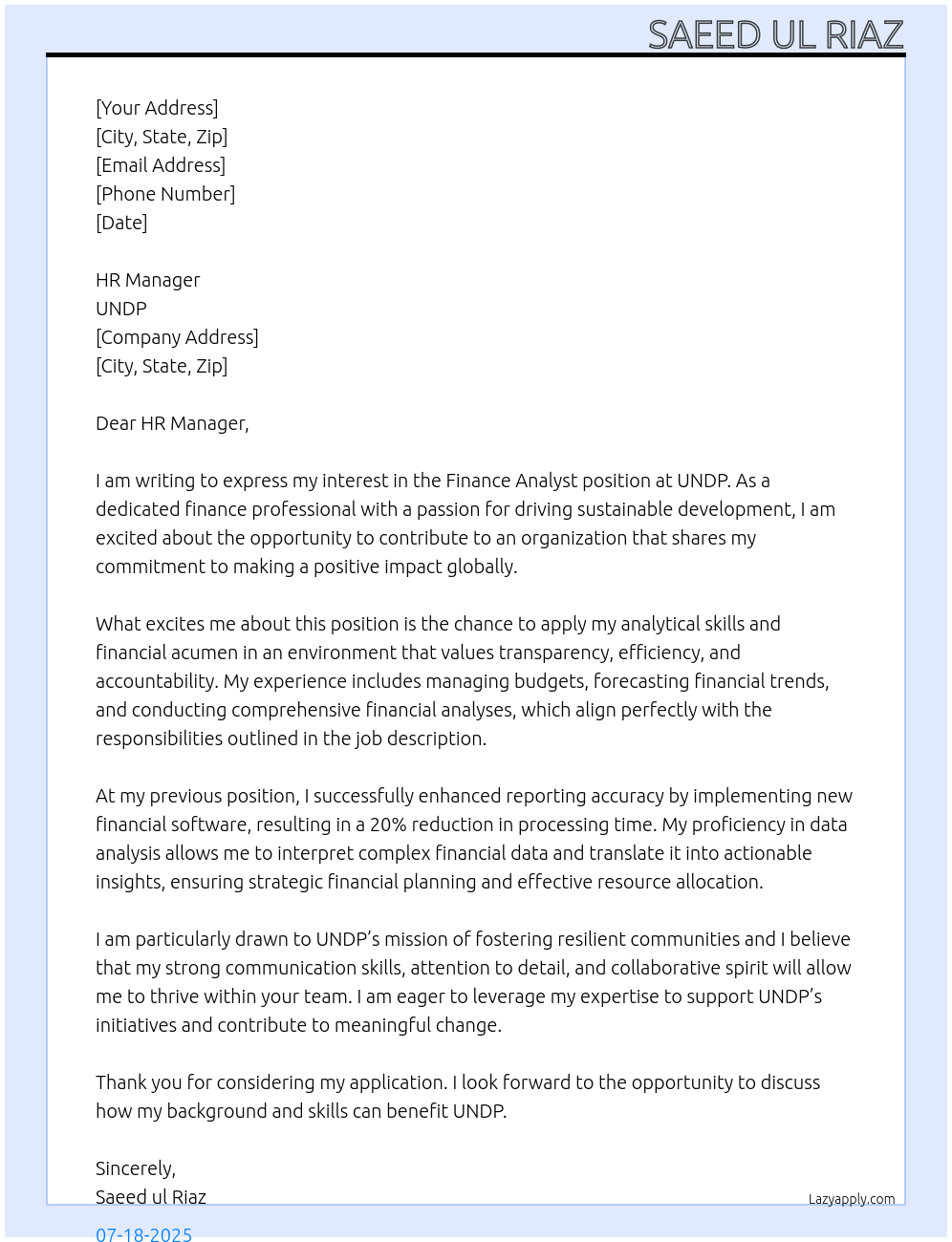 Finance Analyst At UNDP Cover Letter