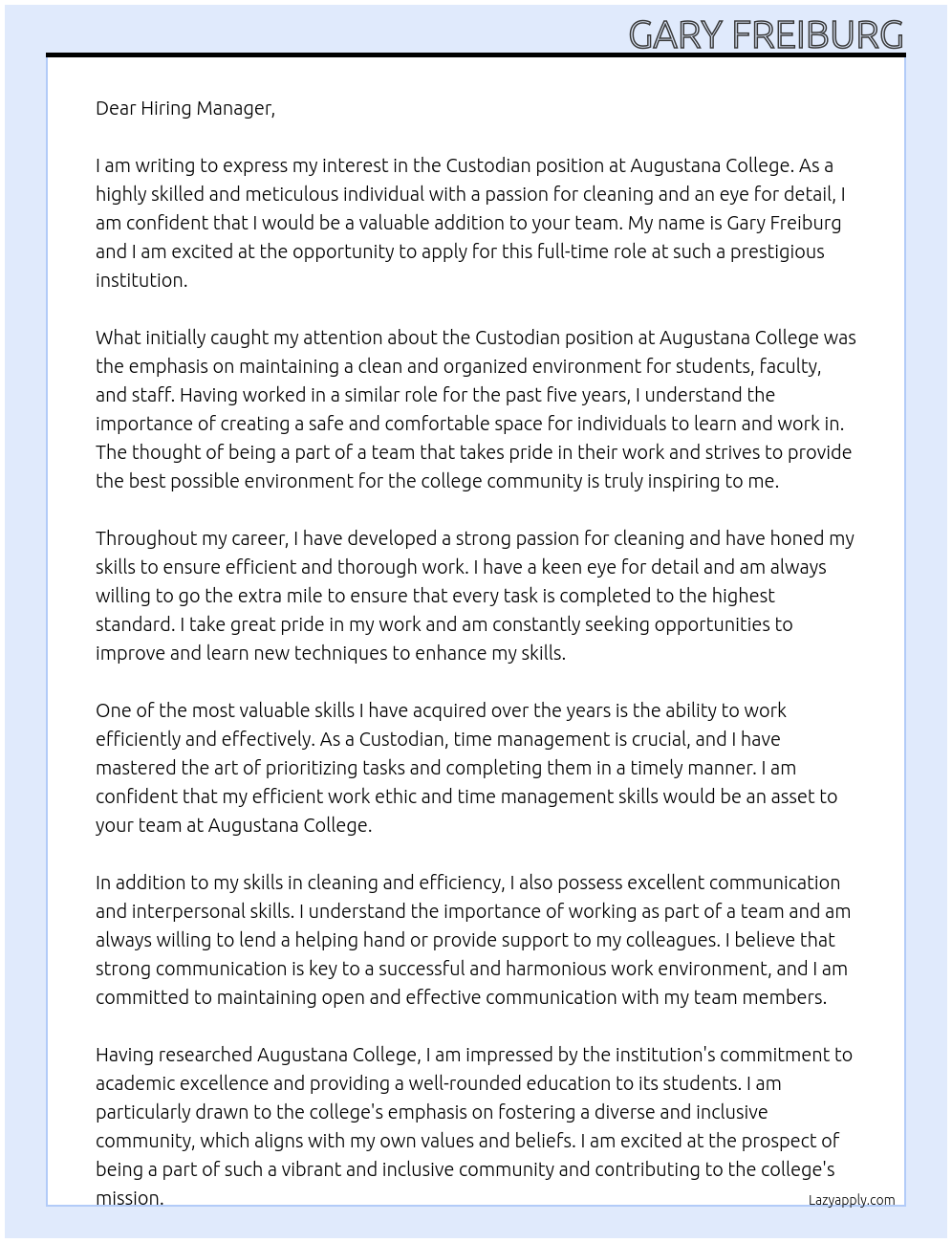 Custodian At Augustana College Cover Letter