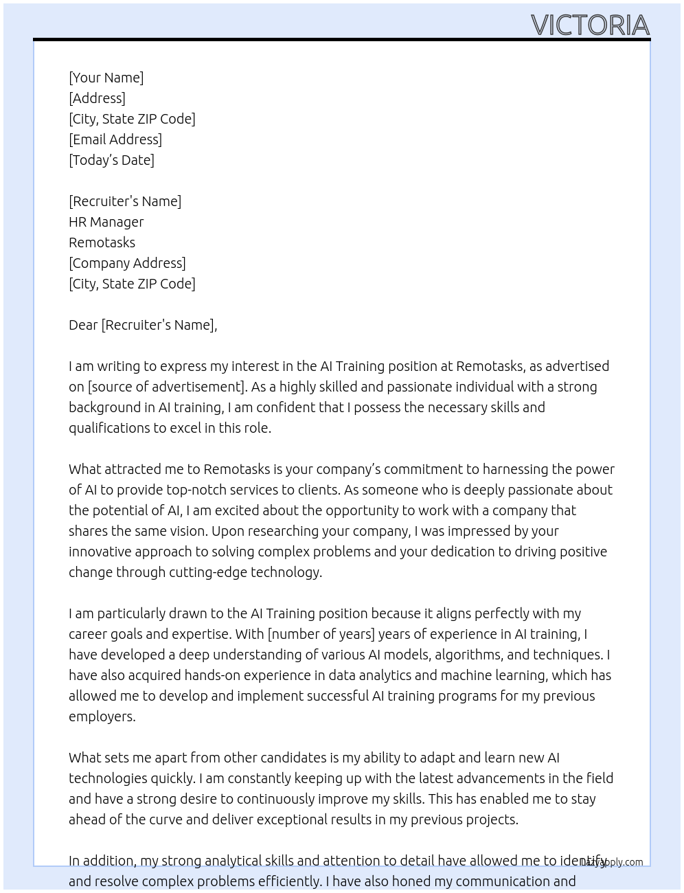 AI TRAINING At REMOTASKS Cover Letter