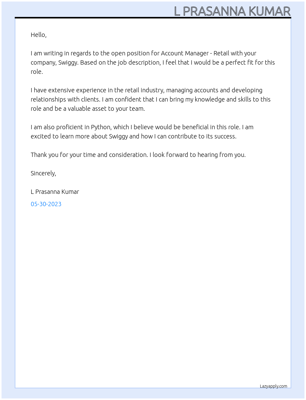 Account Manager - Retail   At Swiggy Cover Letter