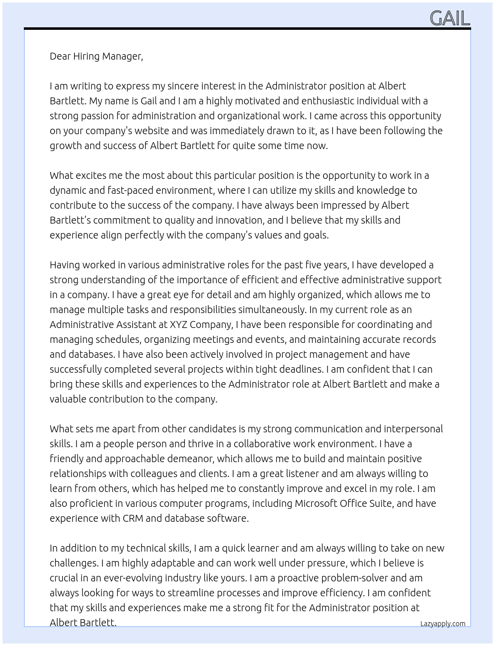 Administrator  At Albert Bartlett  Cover Letter