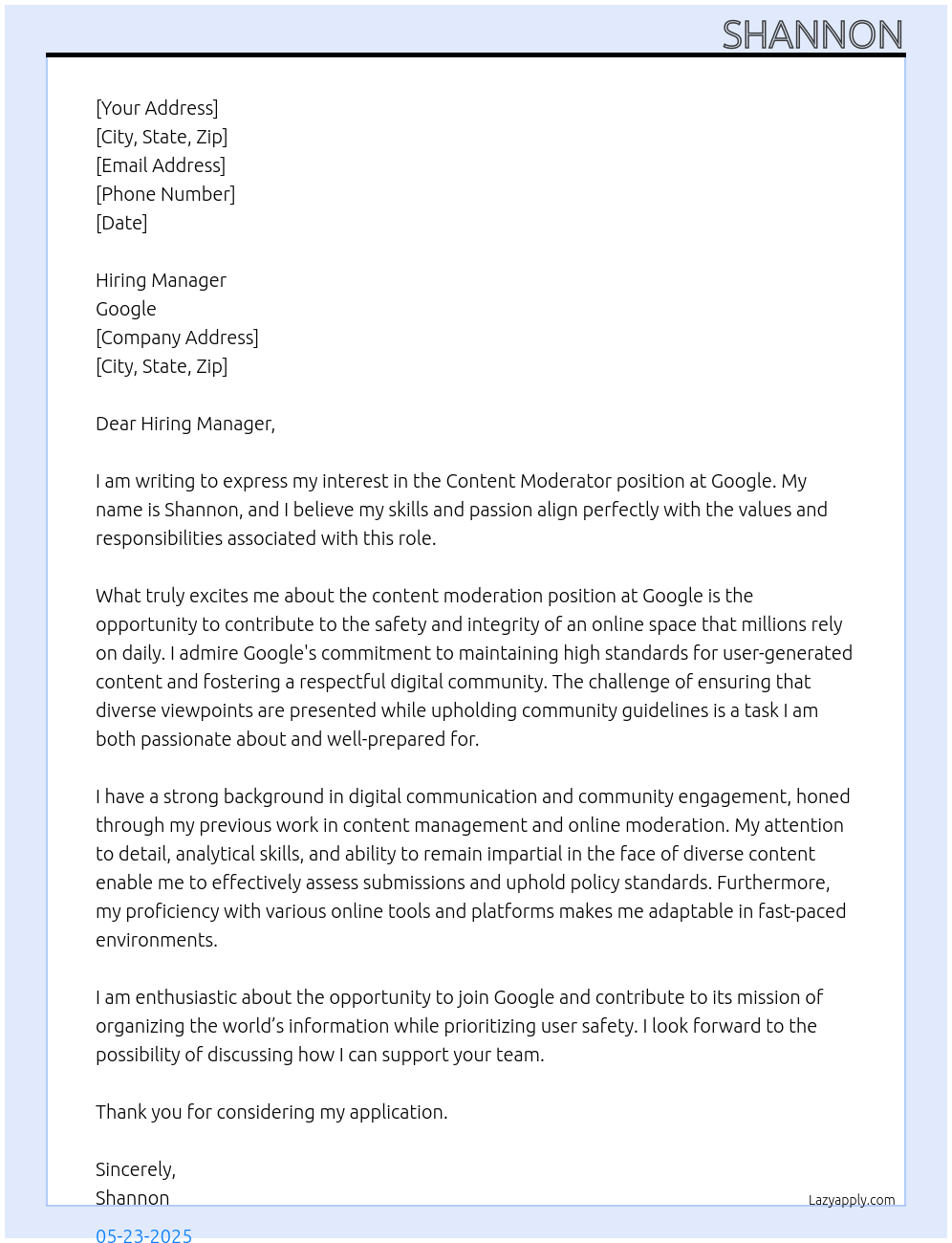 content moderator At google Cover Letter
