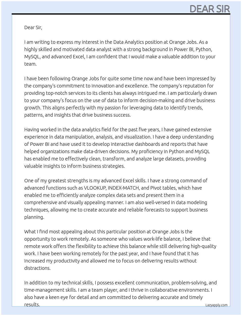 Data analytics  At Orange jobs Cover Letter