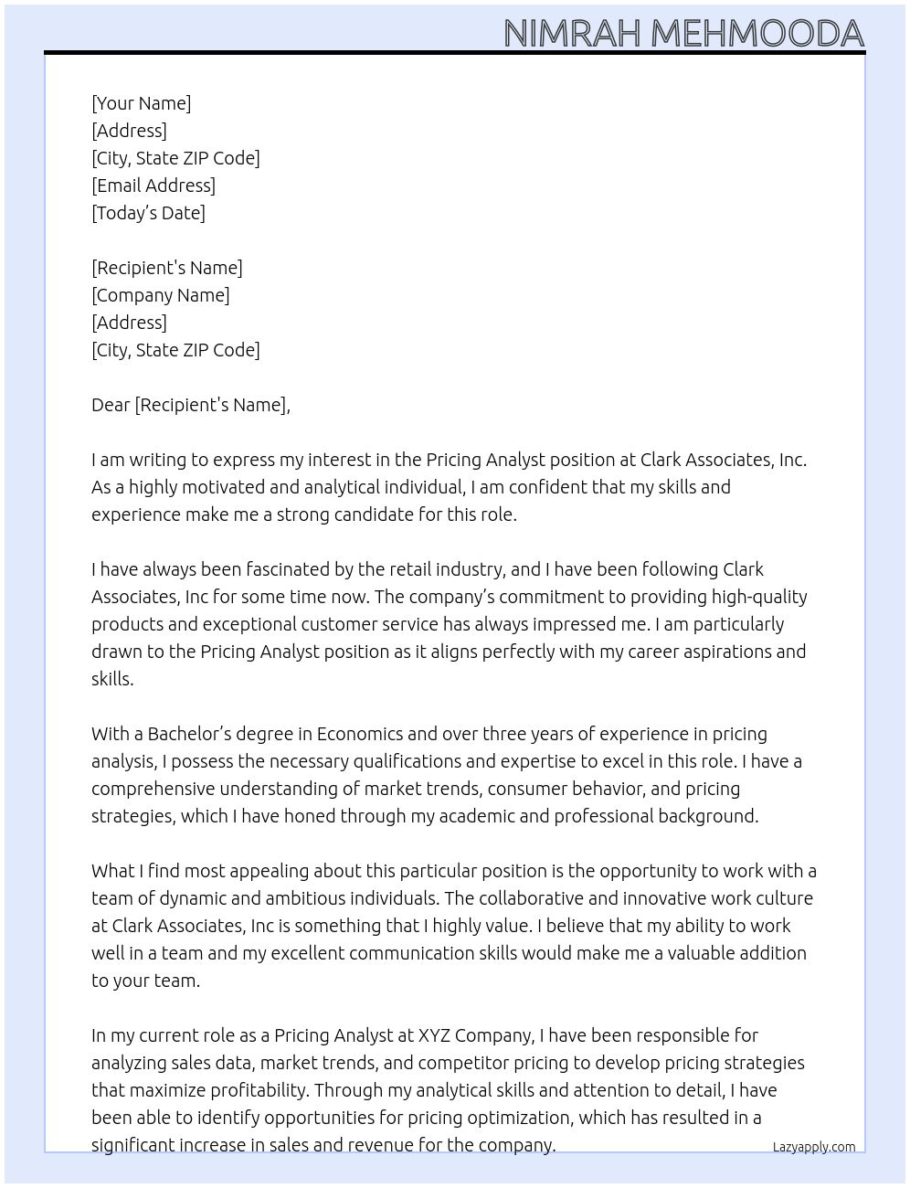 Pricing Analyst At Clark Associates, Inc Cover Letter