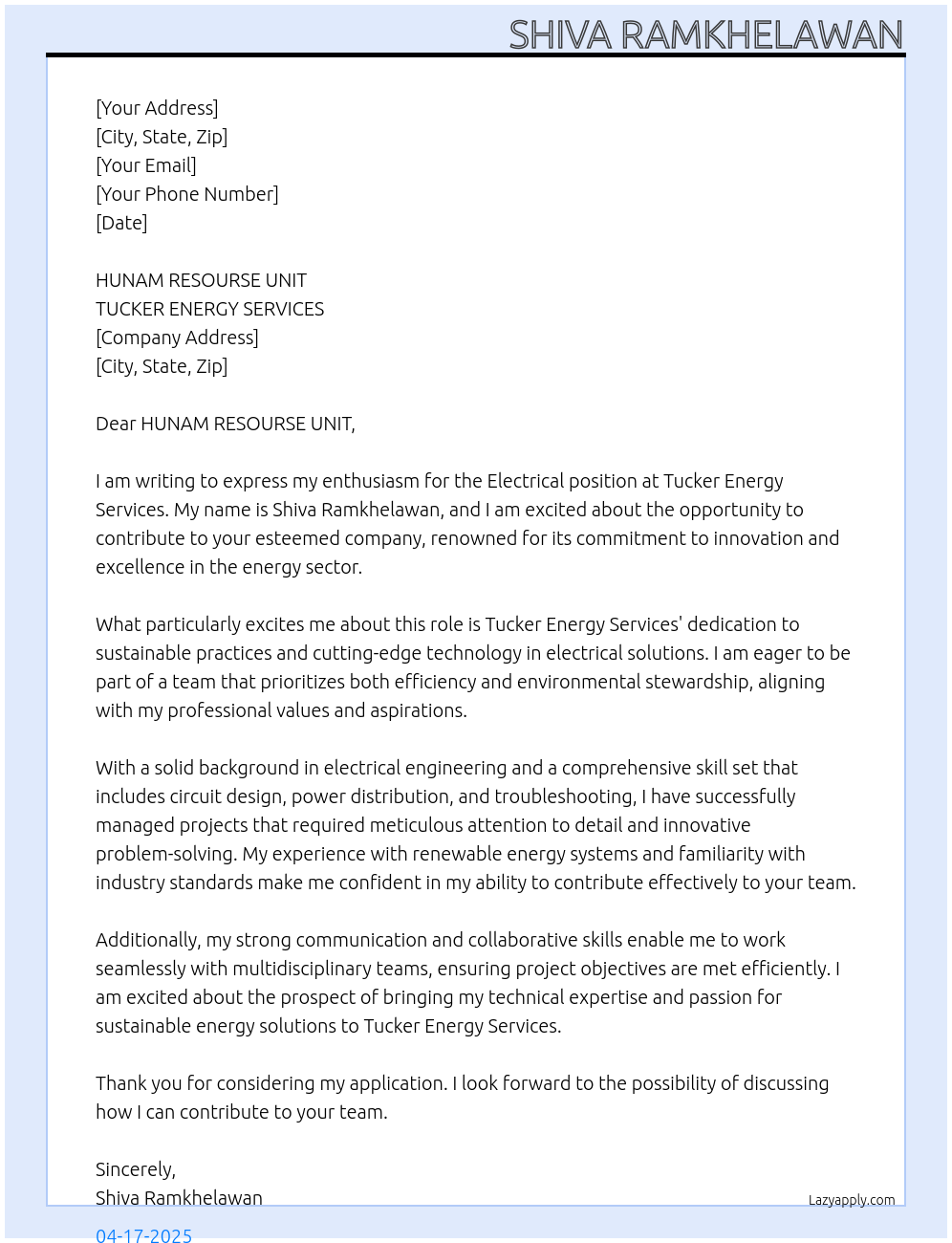 ELECTRICAL At TUCKER ENERGY SERVICES Cover Letter