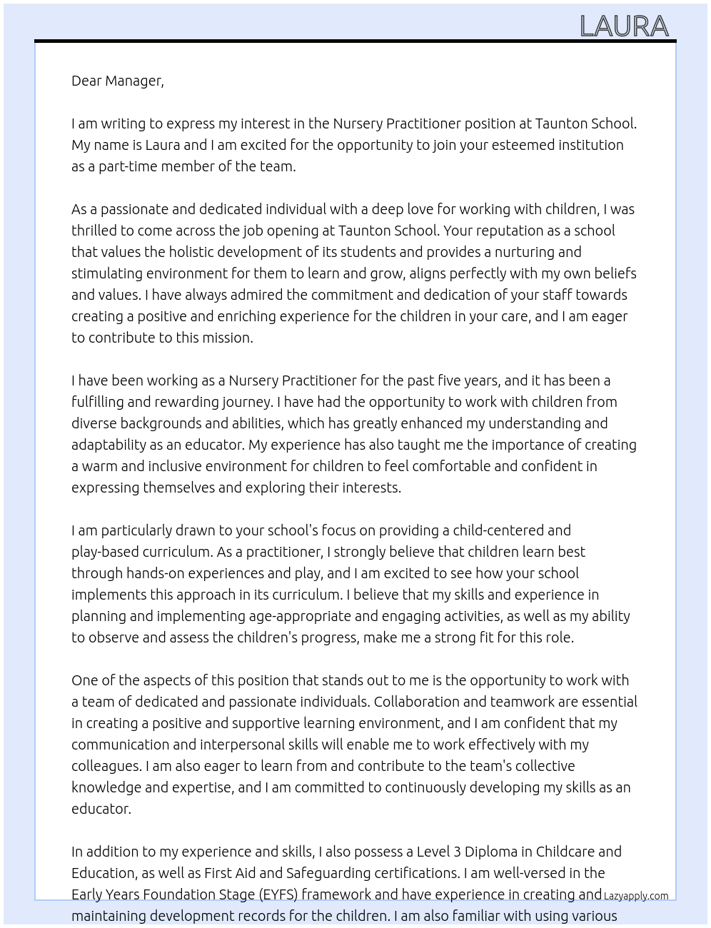 Nursery practitioner  At Taunton School Cover Letter