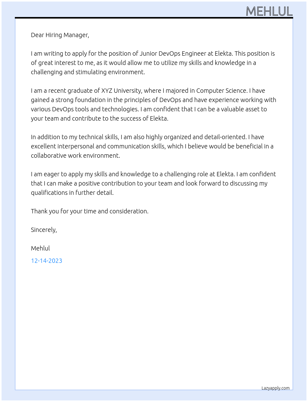 Junior DevOps Engineer At Elekta Cover Letter