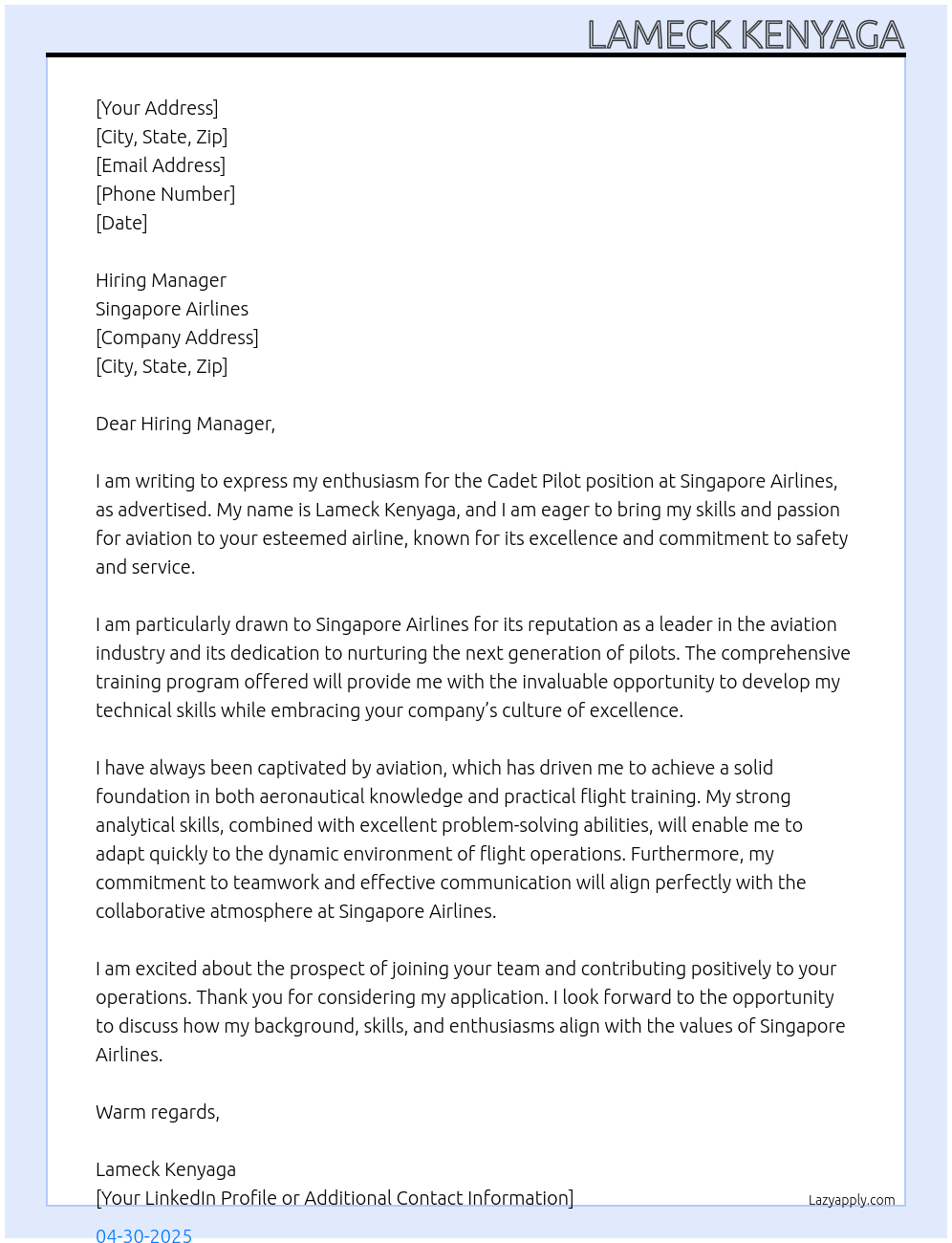 Cadet pilot At singapore airlines Cover Letter