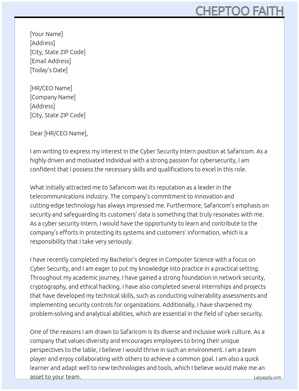 Cyber security intern At Safaricom Cover Letter