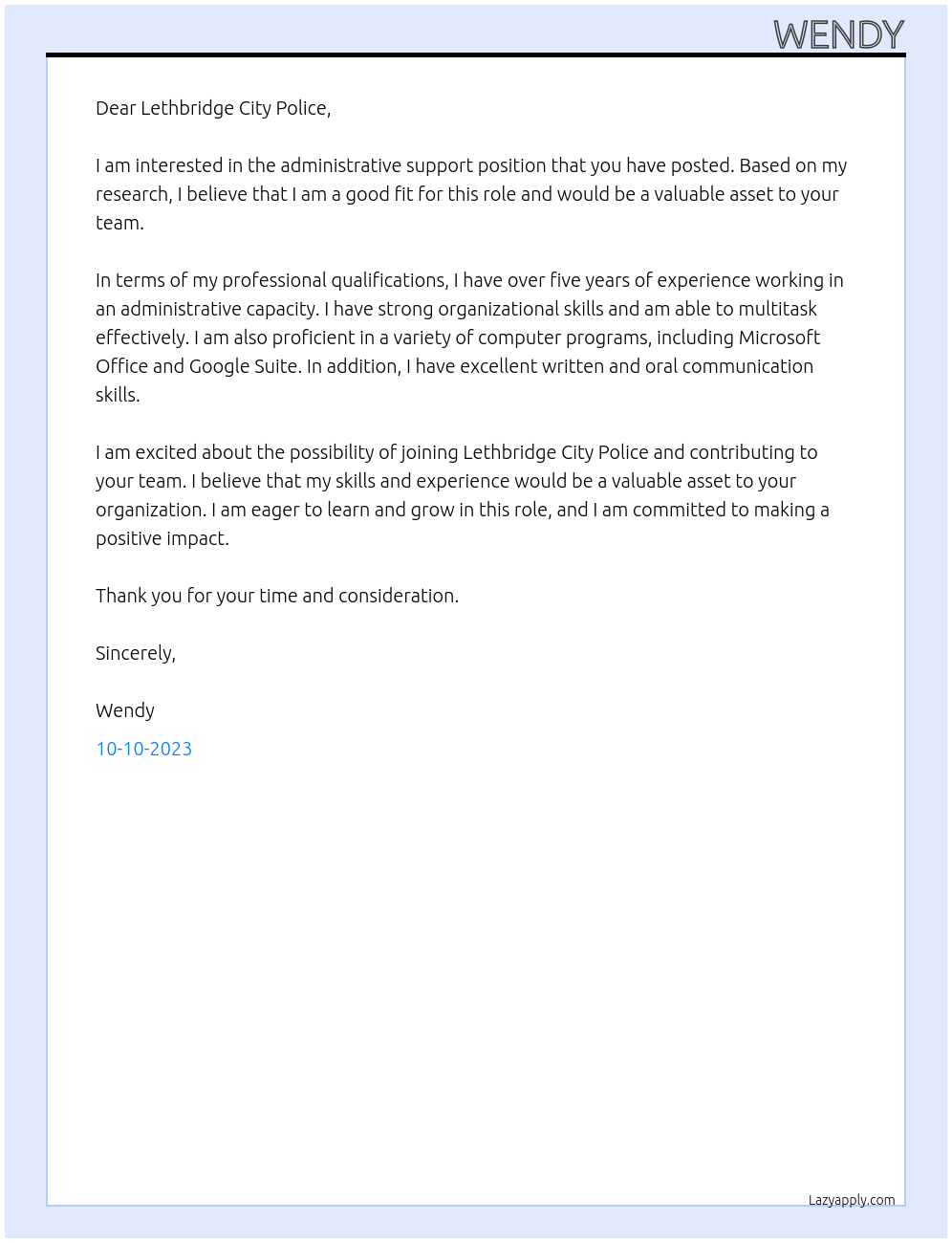 administrative support At Lethbridge City Police Cover Letter