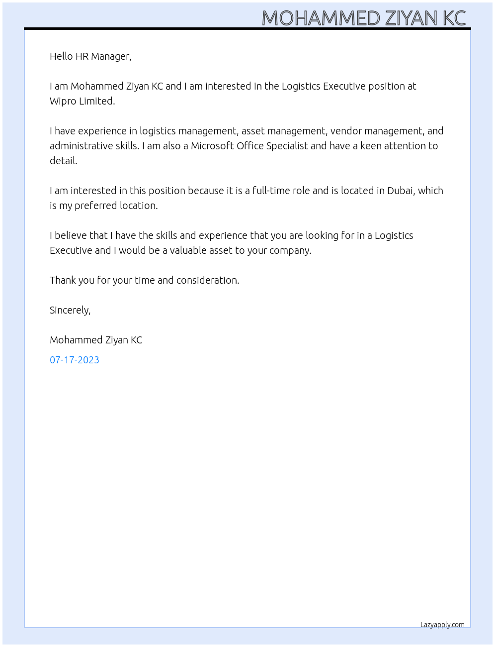 Logistics Executive At Wipro limited Cover Letter