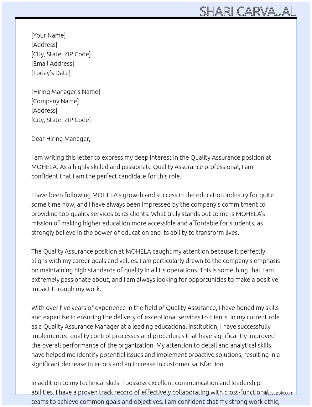 Quality Assurance At MOHELA Cover Letter