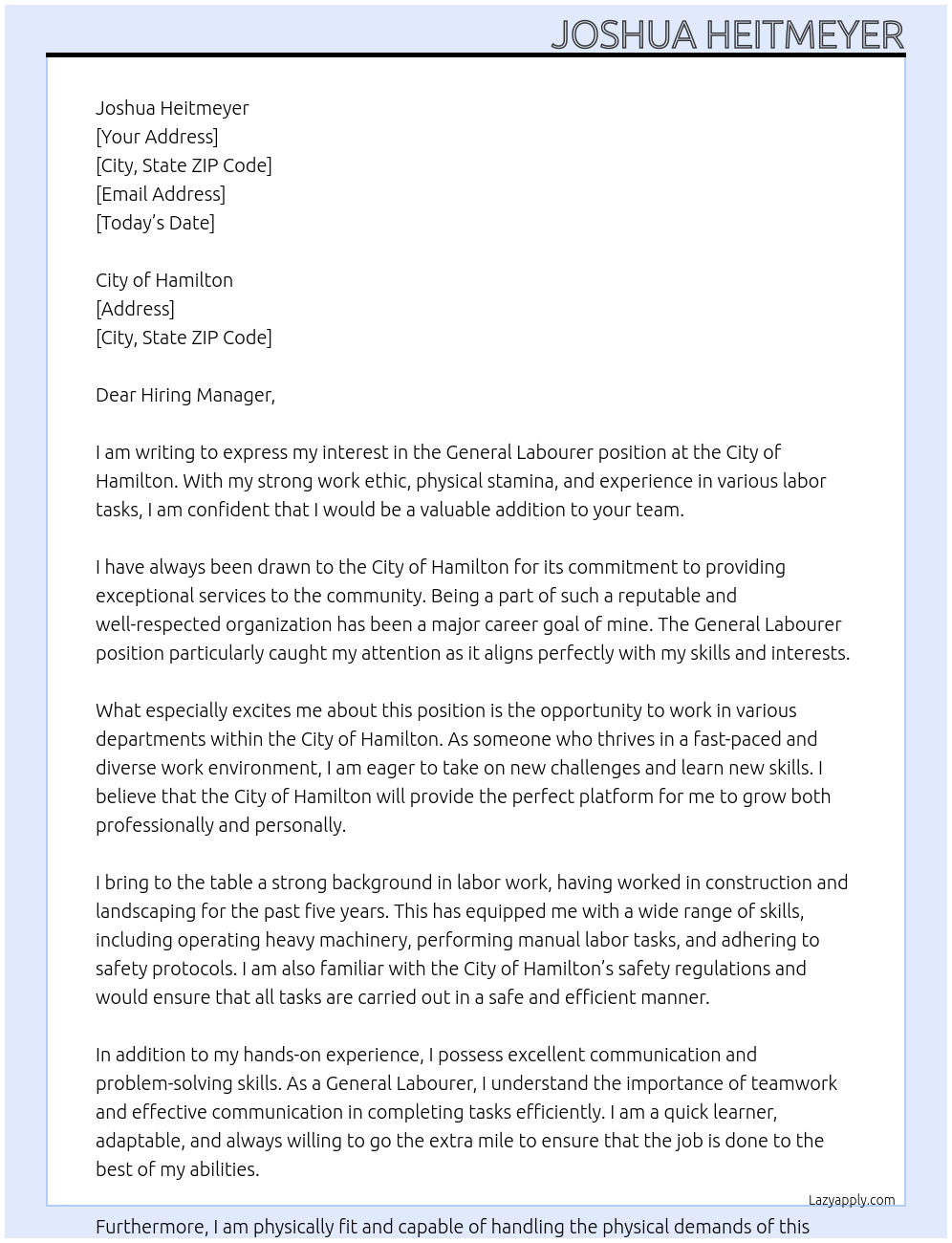 Cover letter for general labourer - LazyApply