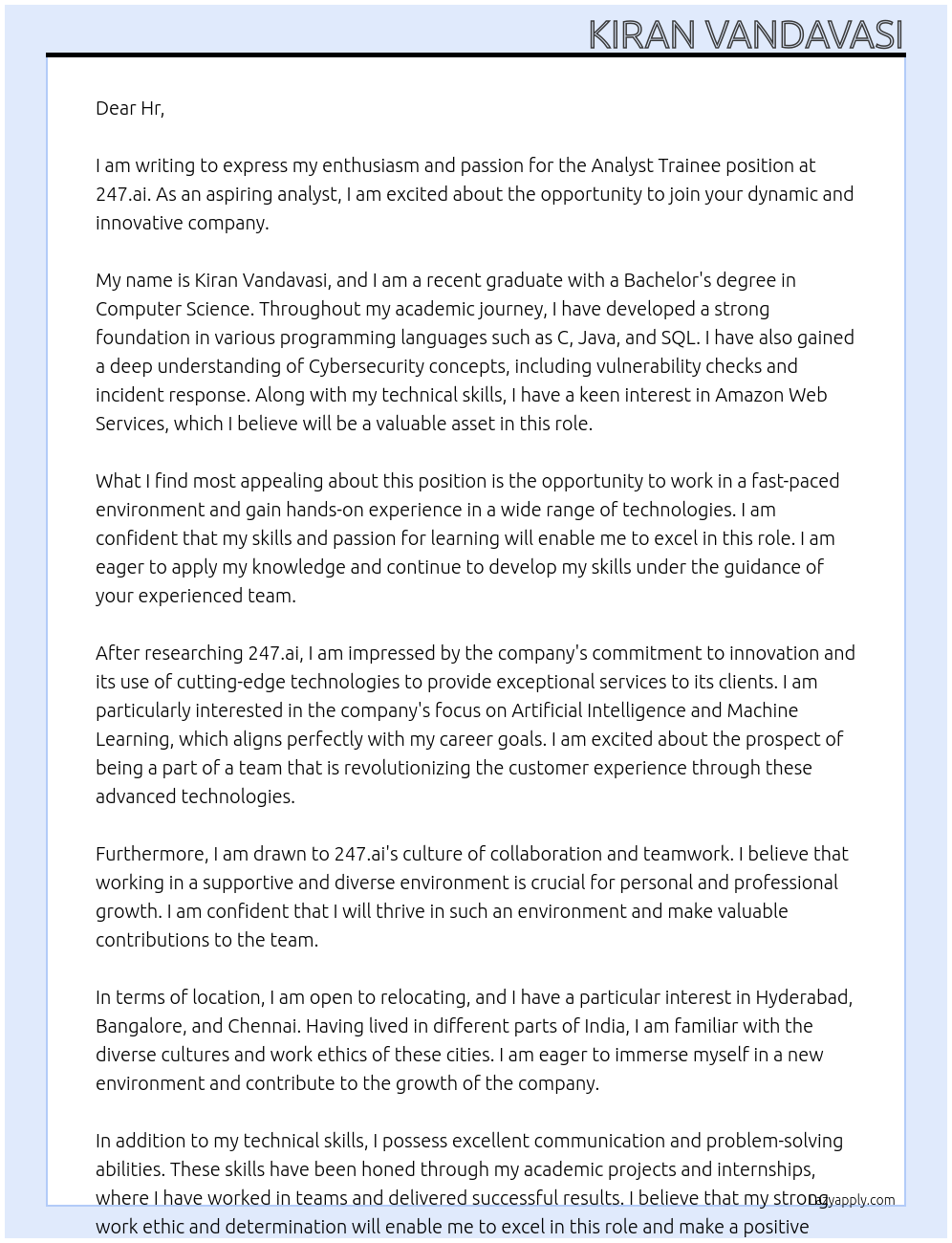 Analyst Trainee At 247. ai Cover Letter