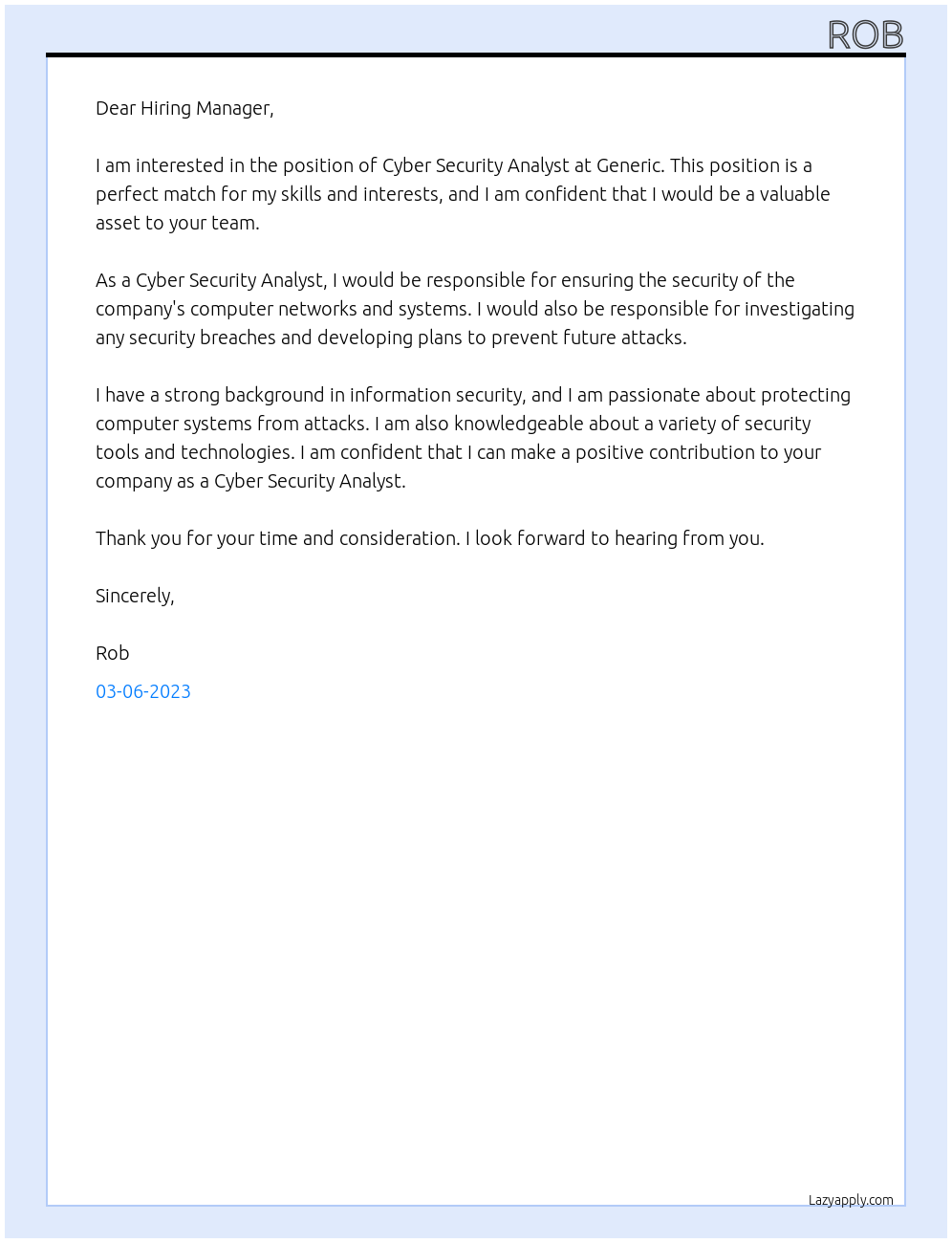 Cyber Security Analyst At Generic Cover Letter