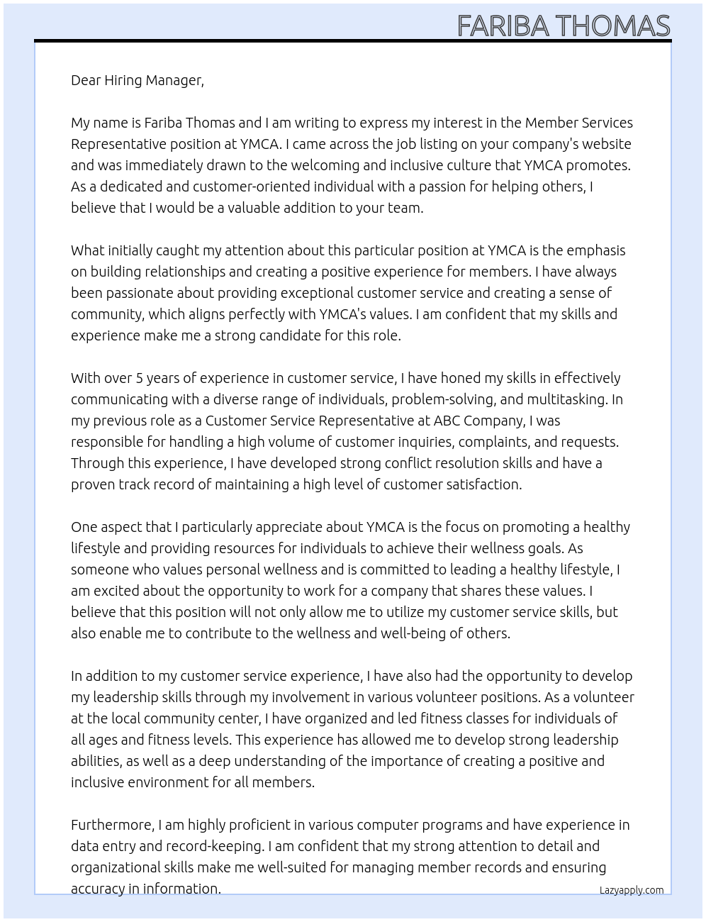 member services representative At ymca Cover Letter