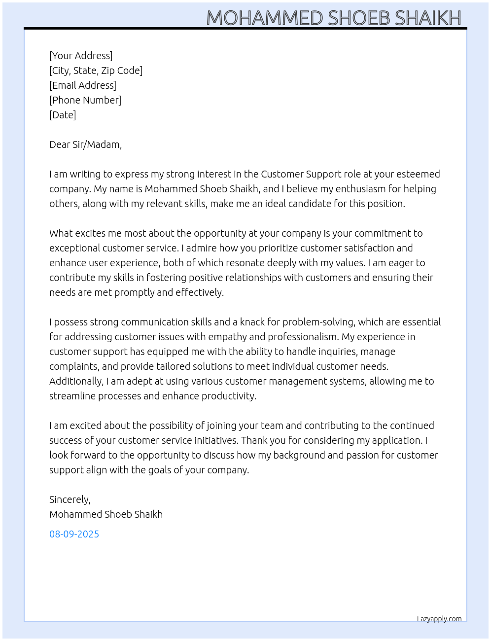 Customer support  At Dear Sir/Madam Cover Letter