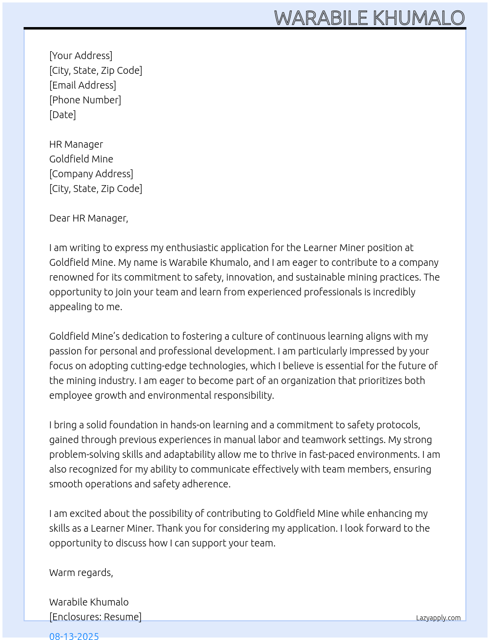 Learner miner At Goldfield mine Cover Letter