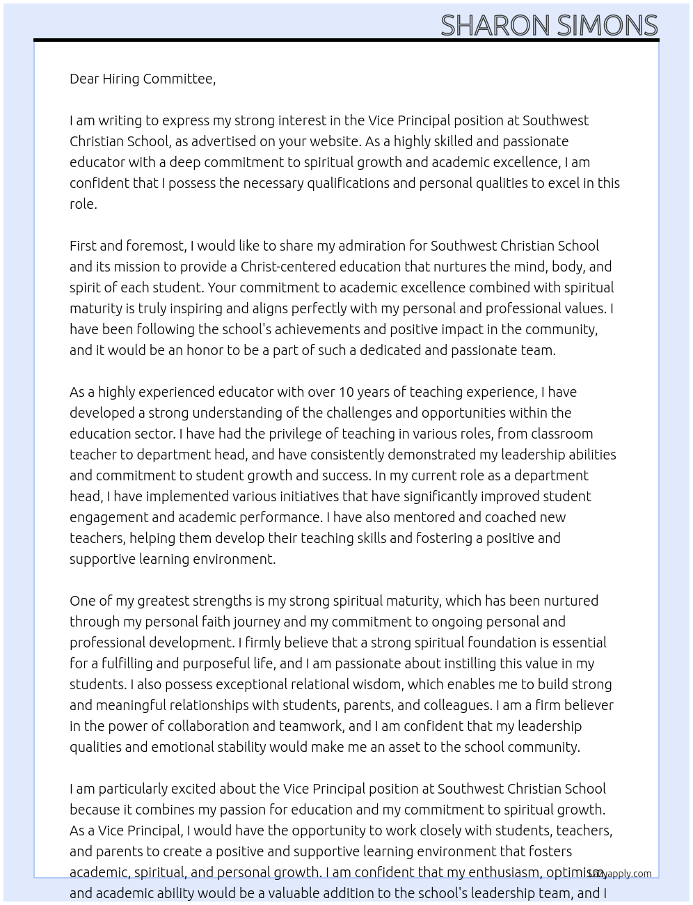 vice principal At southwest christian school Cover Letter