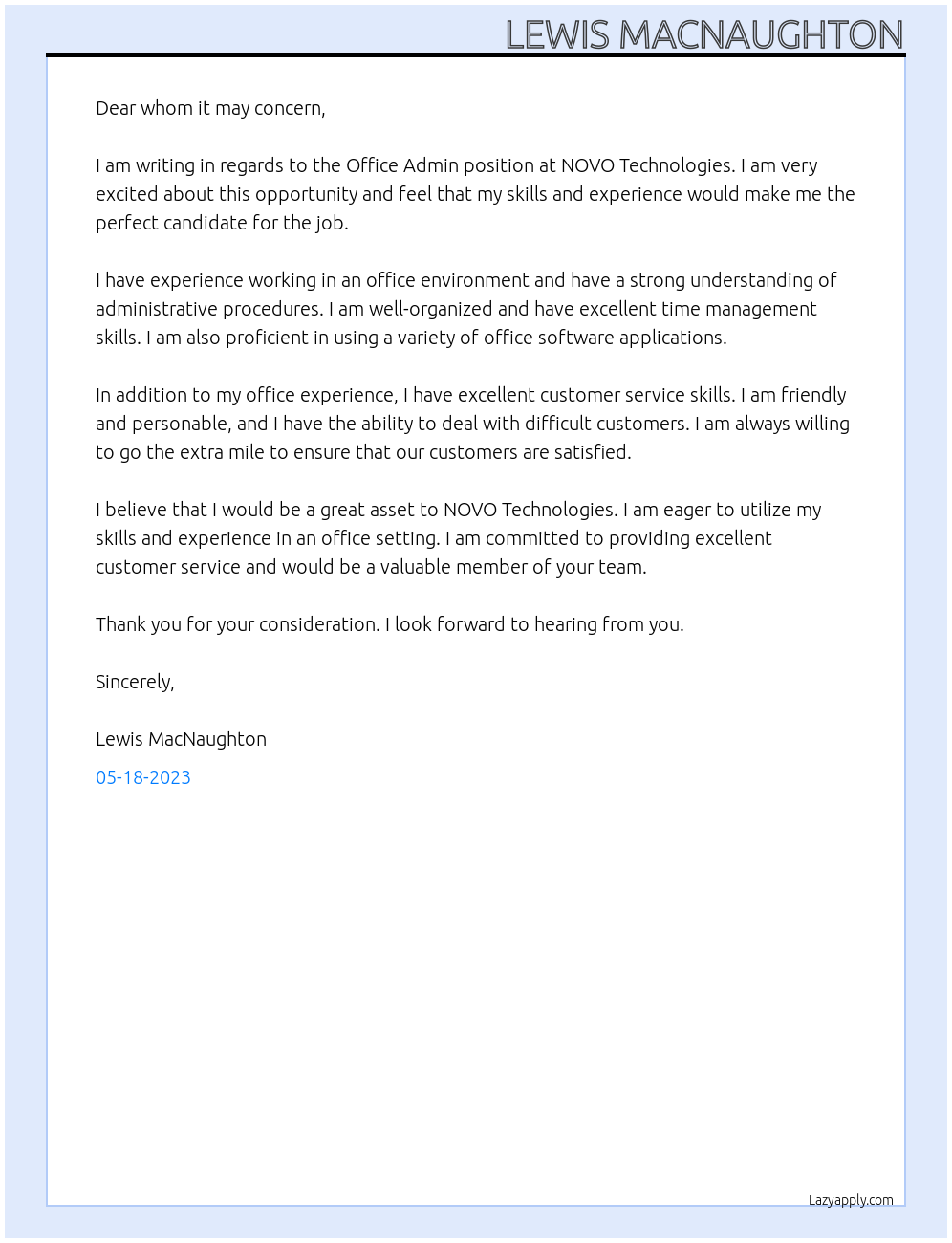 Office Admin At NOVO Technologies Cover Letter