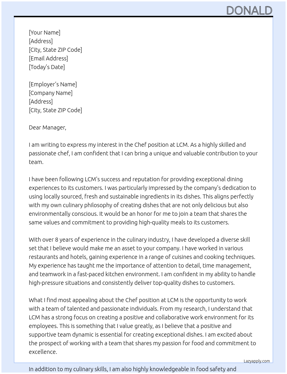 Chef At LCM Cover Letter