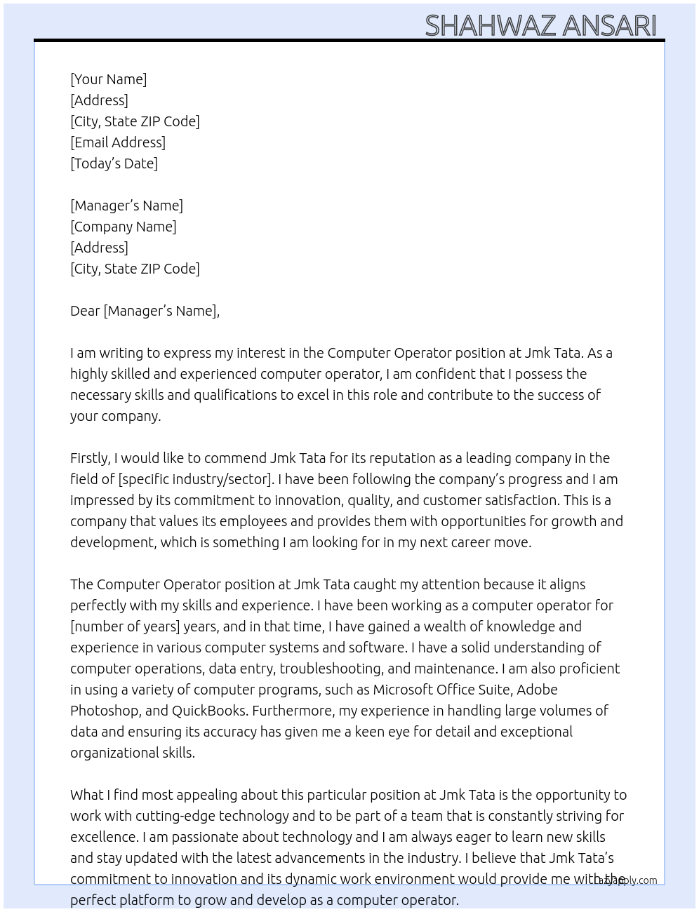 Computer Operator At Jmk Tata Cover Letter