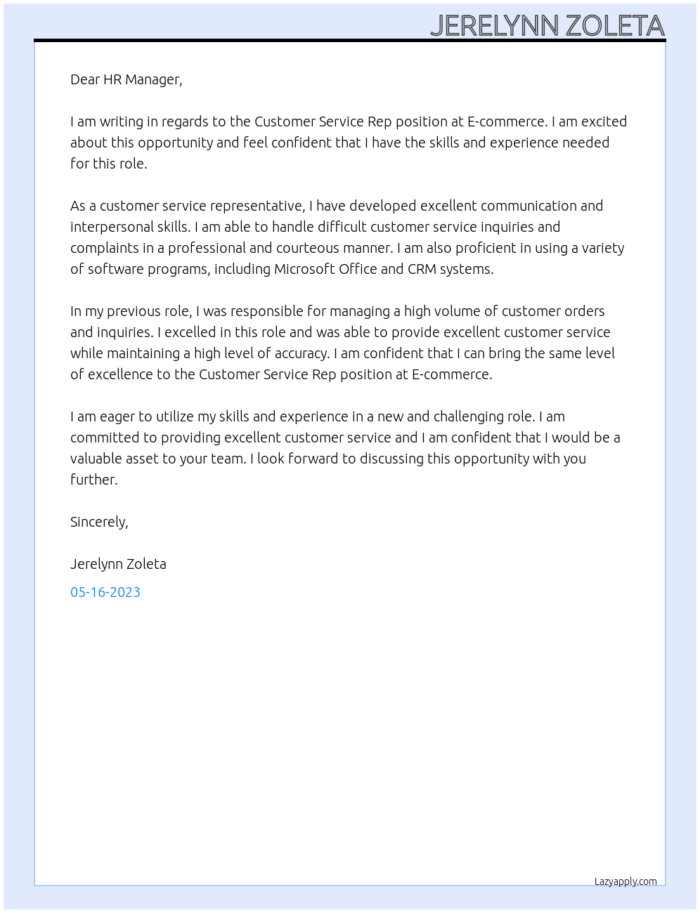 Customer Service Rep At E-commerce Cover Letter