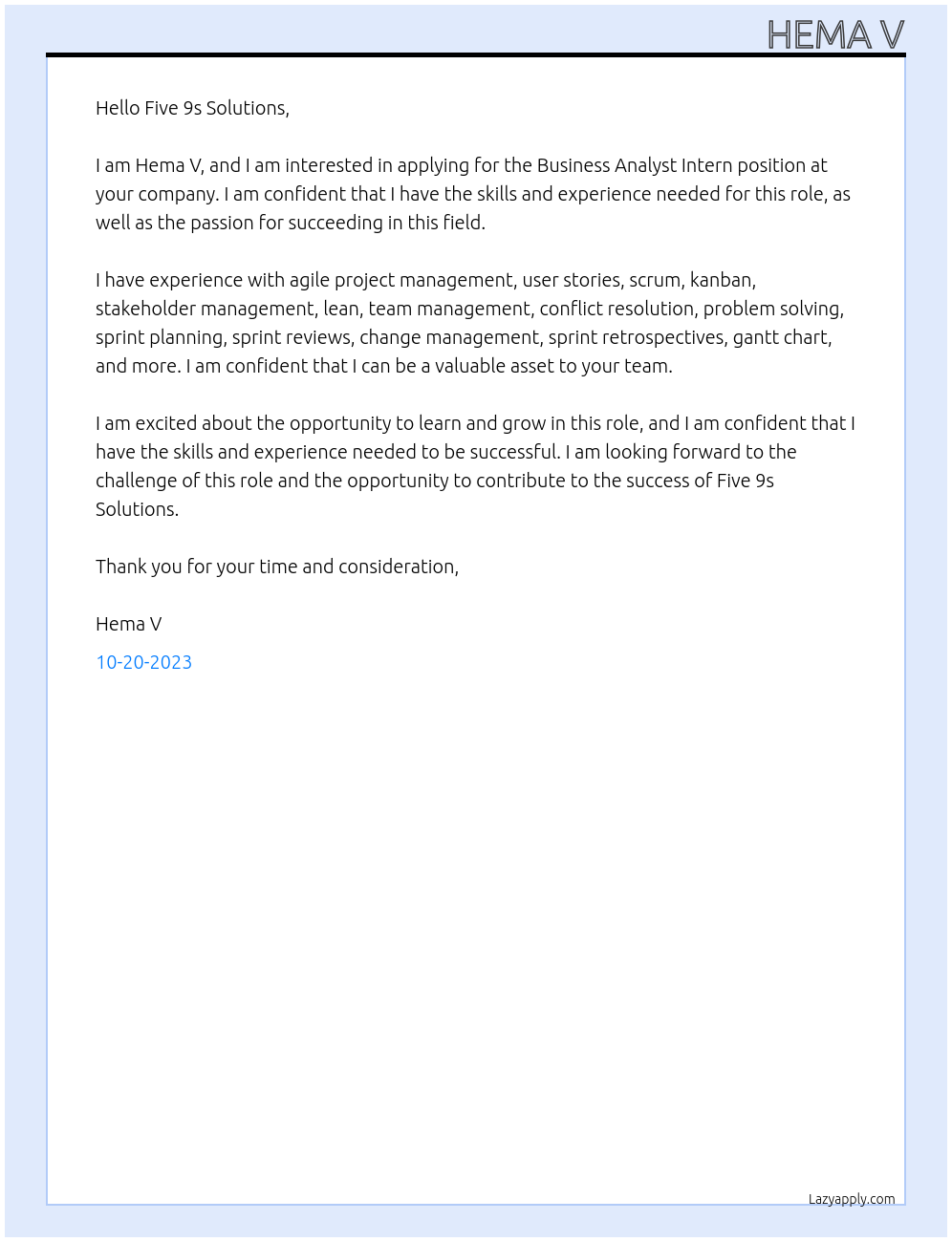 Business Analyst Intern At Five 9s Solutions Cover Letter