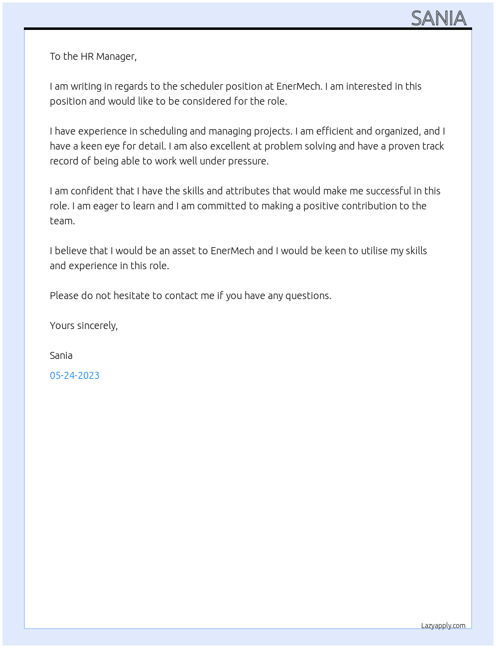 Scheduler At EnerMech Cover Letter