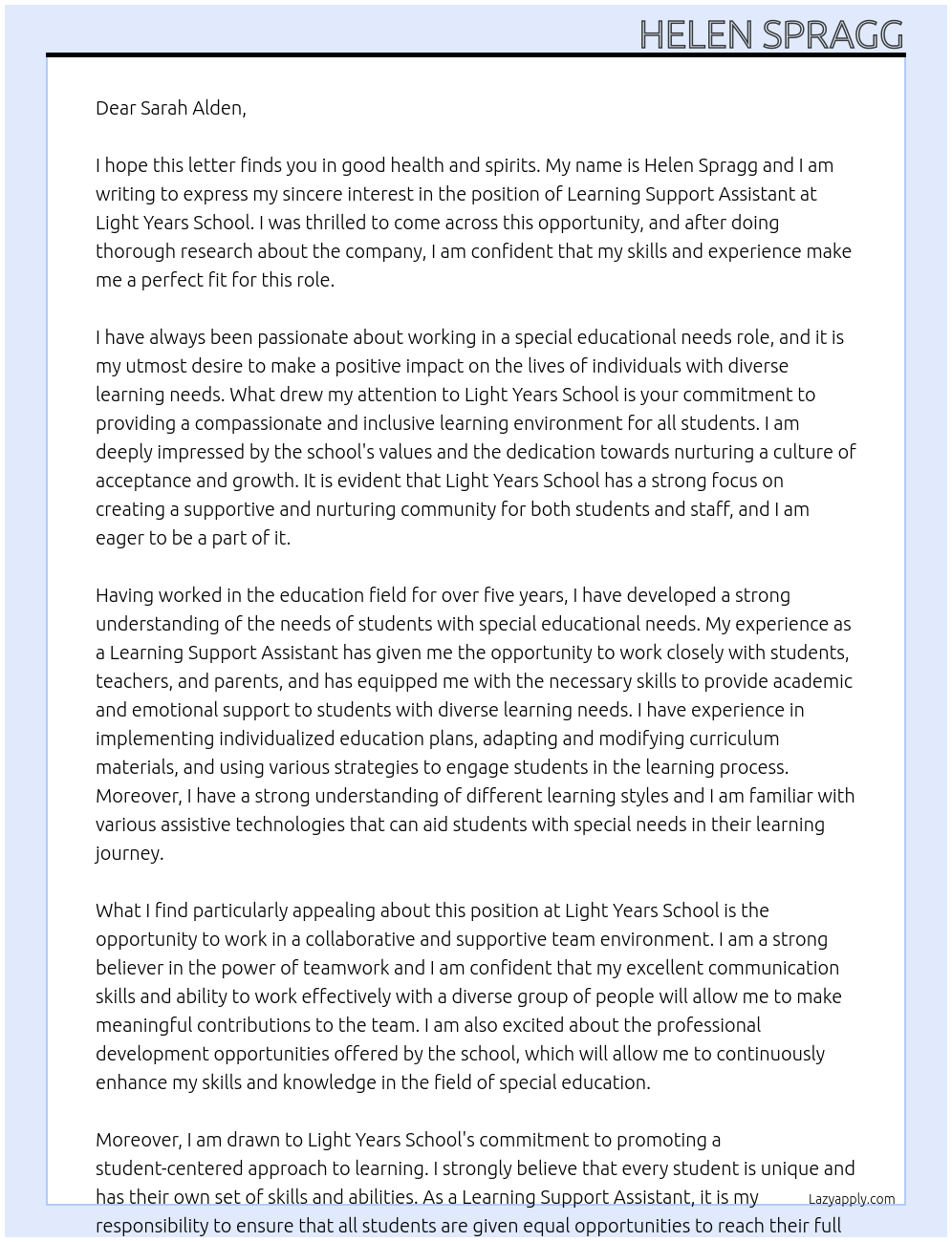 Learning Support Assistant At Light Years School Cover Letter