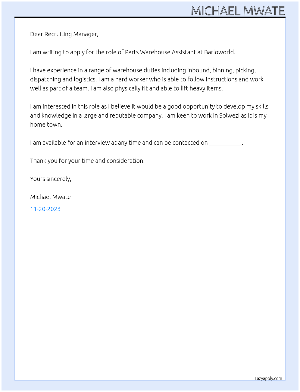 Parts Warehouse Assistant At Barloworld Cover Letter