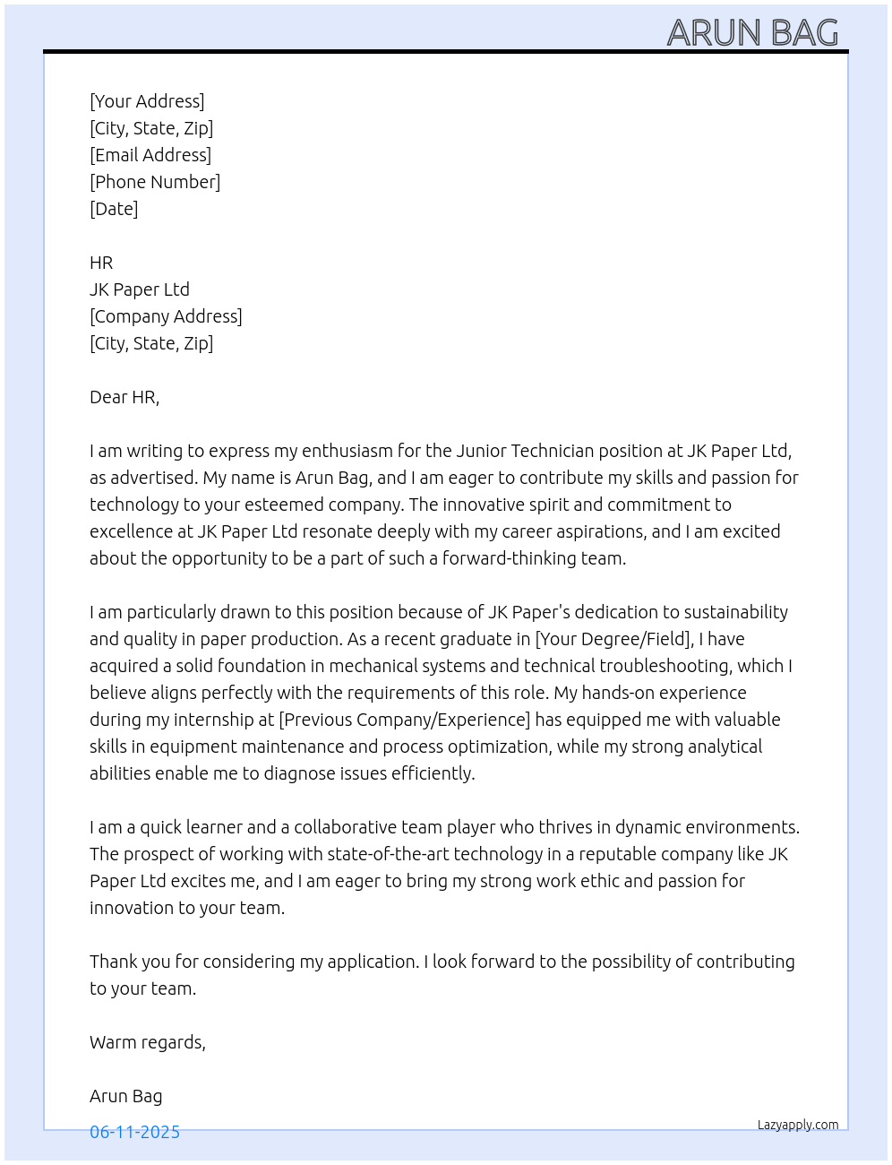 Junior technician At JK paper Ltd Cover Letter