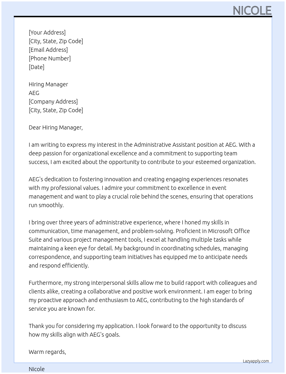 Administrative Assistant At AEG Cover Letter