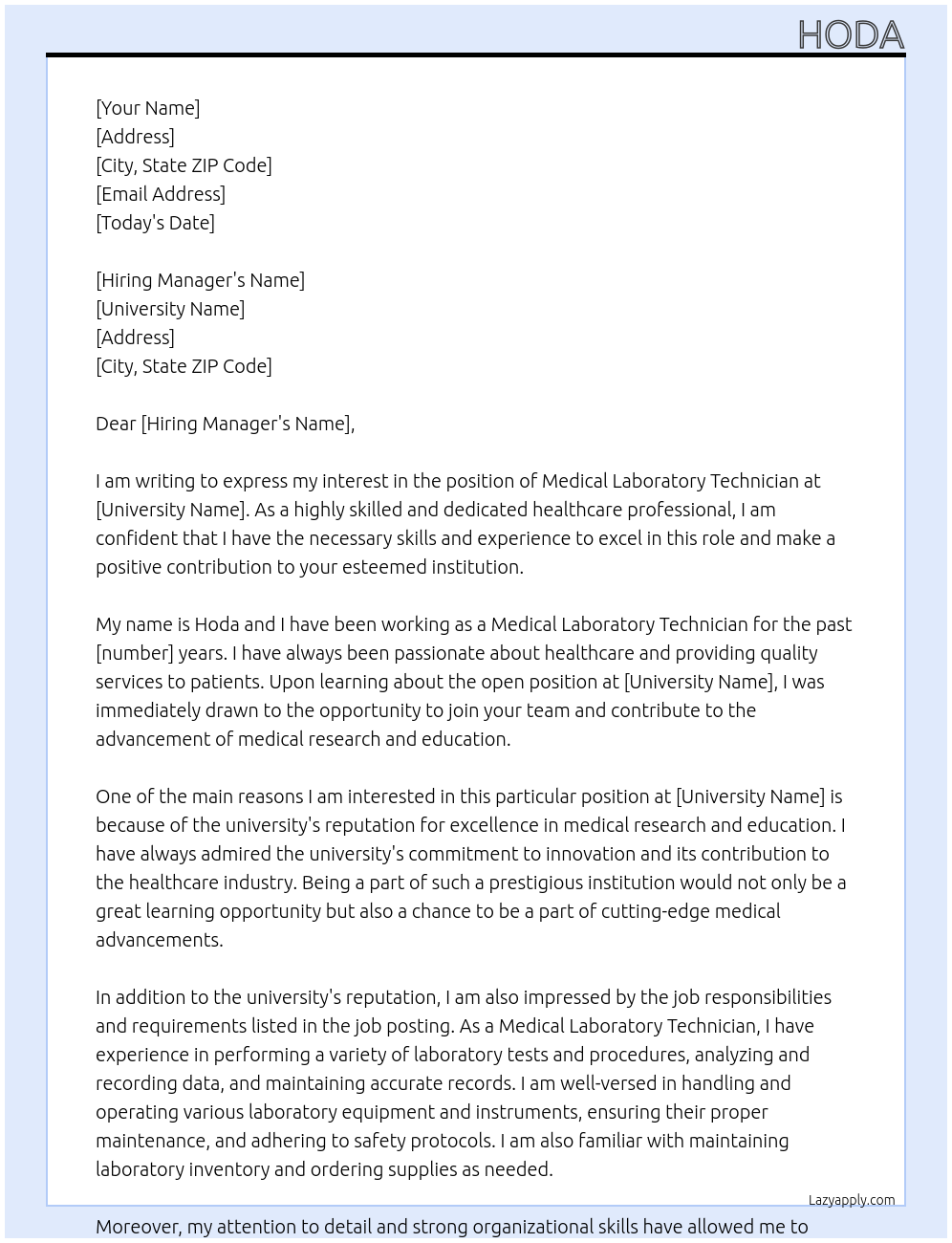 medical laboratory technician At university Cover Letter