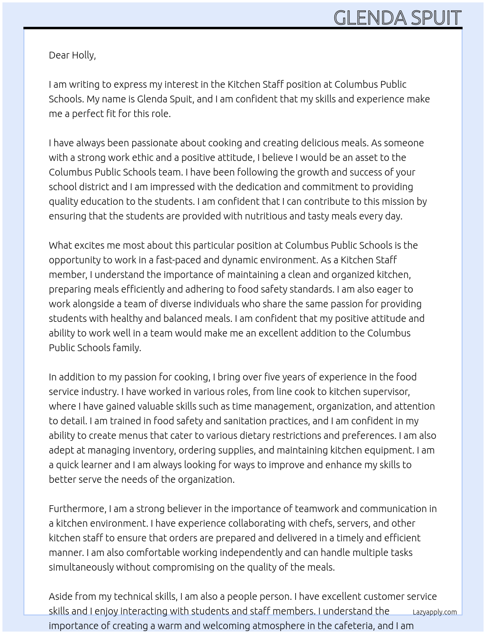 Kitchen Staff At Columbus Public Schools Cover Letter