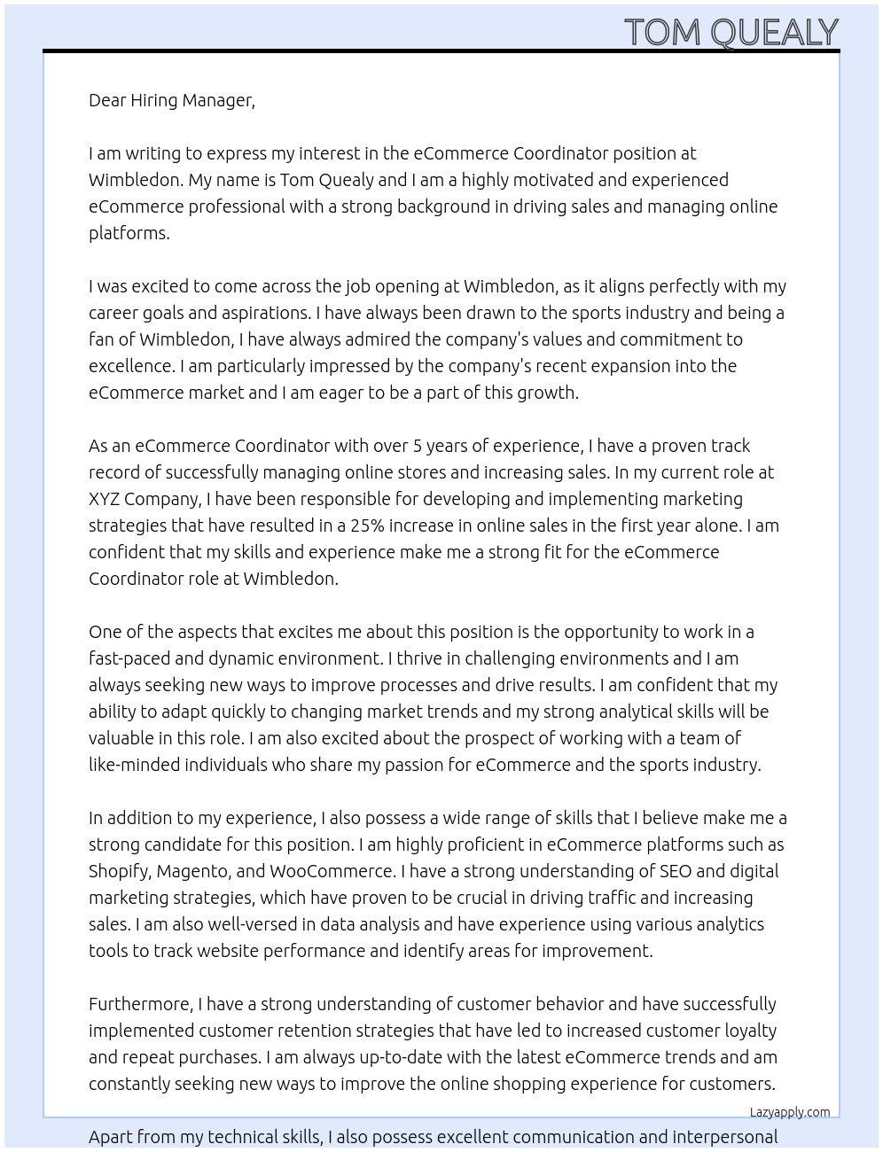 eCommerce Coordinator At Wimbledon Cover Letter
