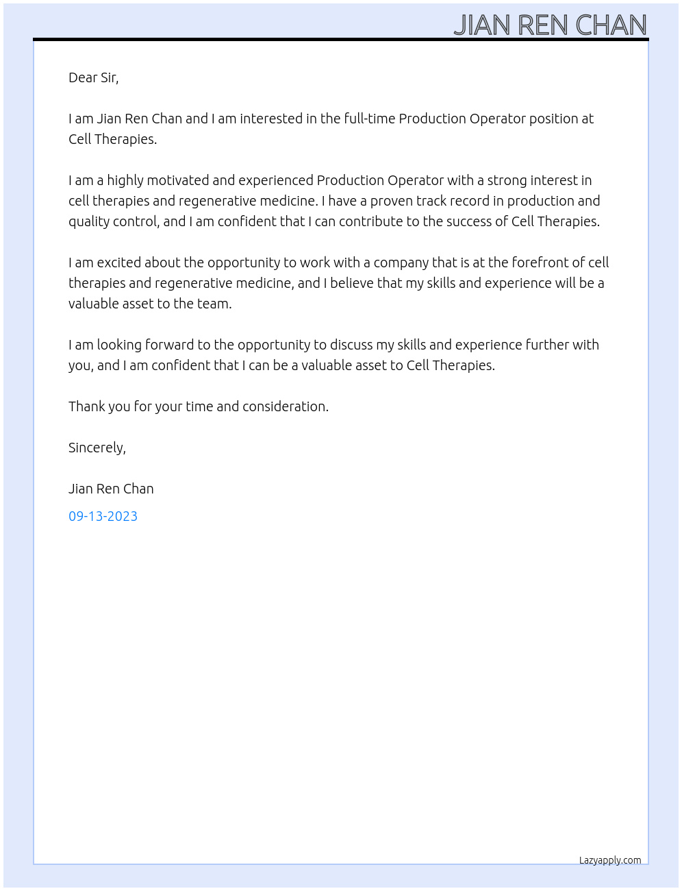 Production Operator At Cell Therapies Cover Letter