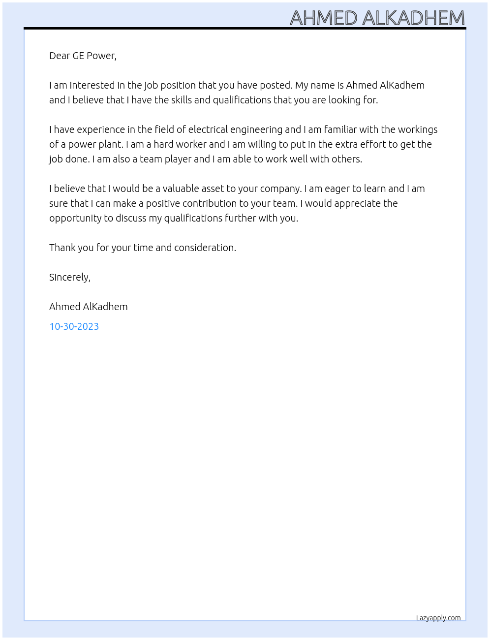 job At GE POWER Cover Letter