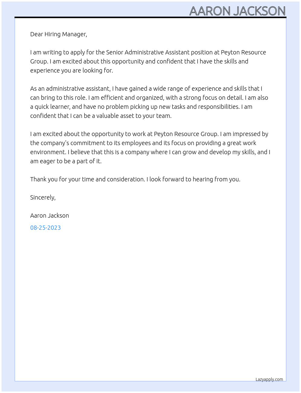 Senior Administrative Assistant At Peyton Resource Group Cover Letter