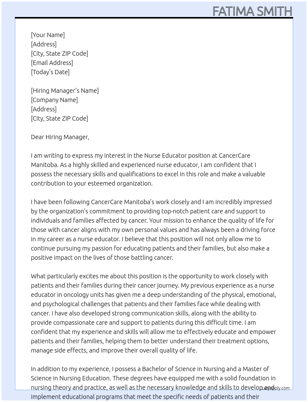 Nurse Educator At CancerCare Manitoba Cover Letter