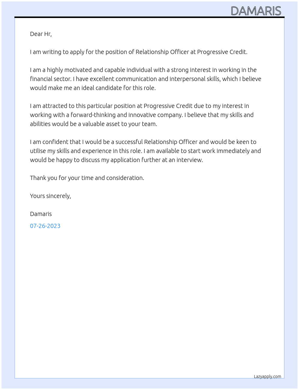 Relationship Officer At Progressive credit  Cover Letter