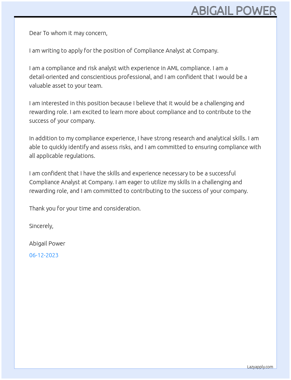 Compliance Analyst At Company Cover Letter